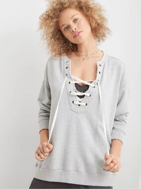 Aerie Lace Up Oversized Crew Sweatshirt Hoodie 100% Cotton Solid Gray Size Small